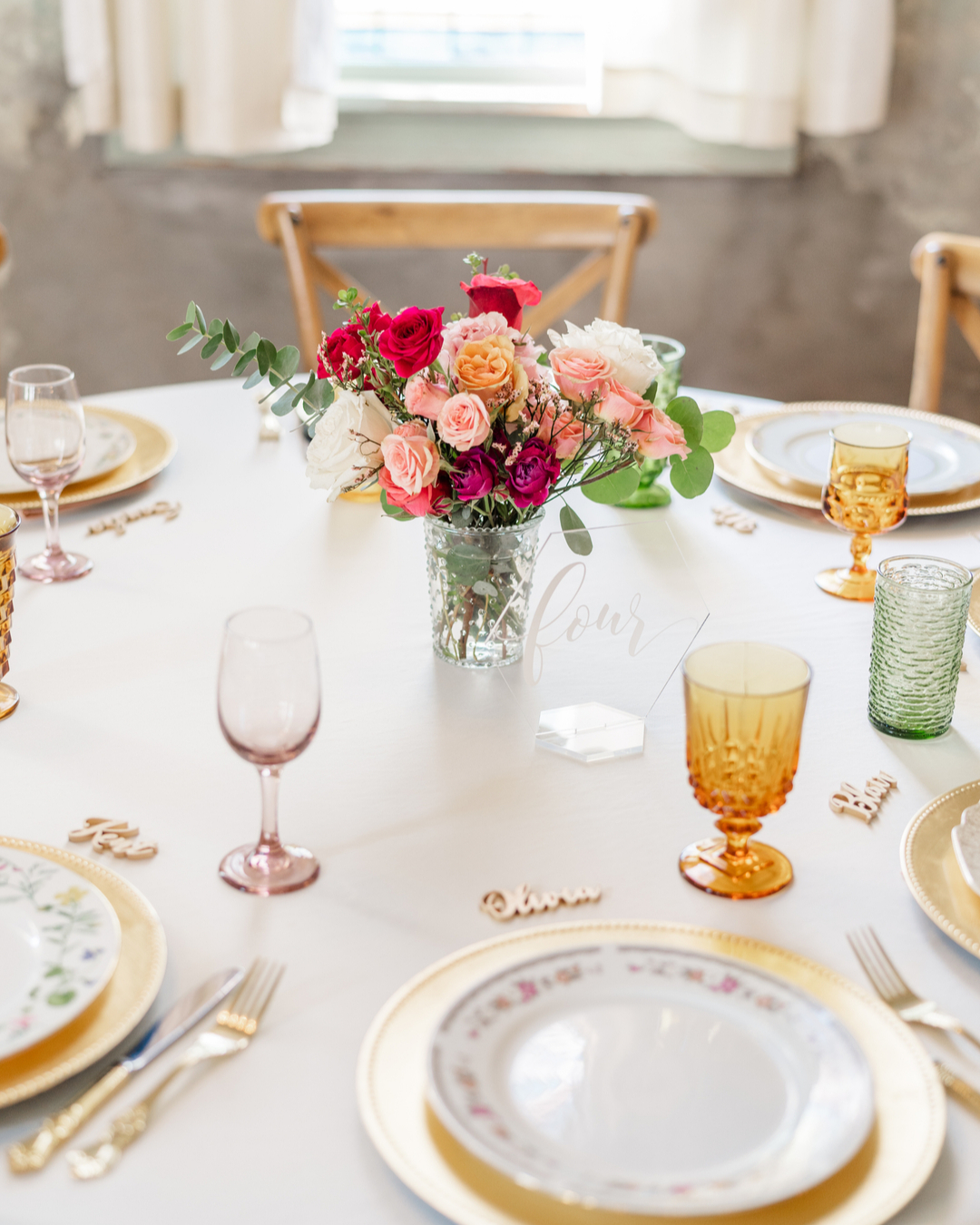 vintage china and glasses for wedding reception