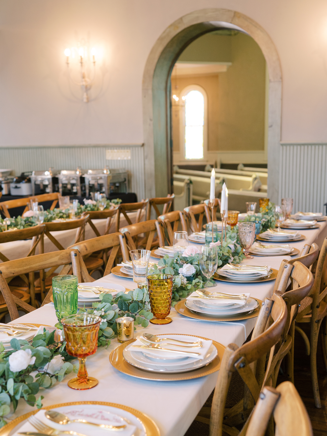 gold and white china for wedding reception