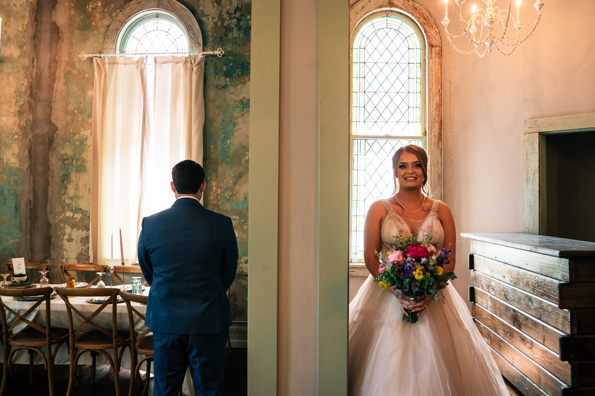 bride and groom before first look